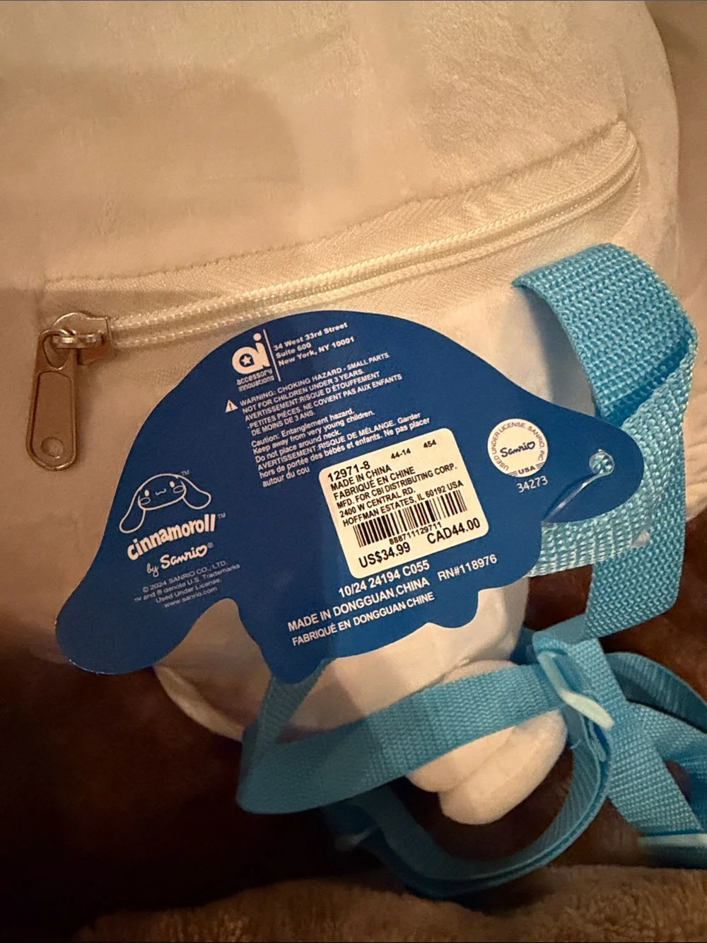 White Plush Cinnamoroll Backpack with Bright Blue Accents for Kids